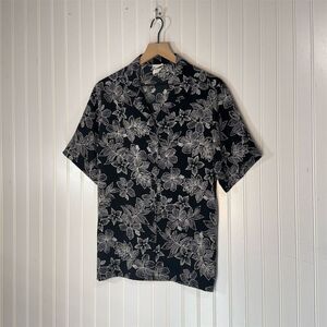 BonWorth Black White Floral Button Down Shirt M Tropical Vacation Blouse Y2K VTG